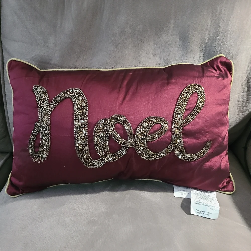 Festive‎ Burgundy Beaded NOEL Holiday Pillow